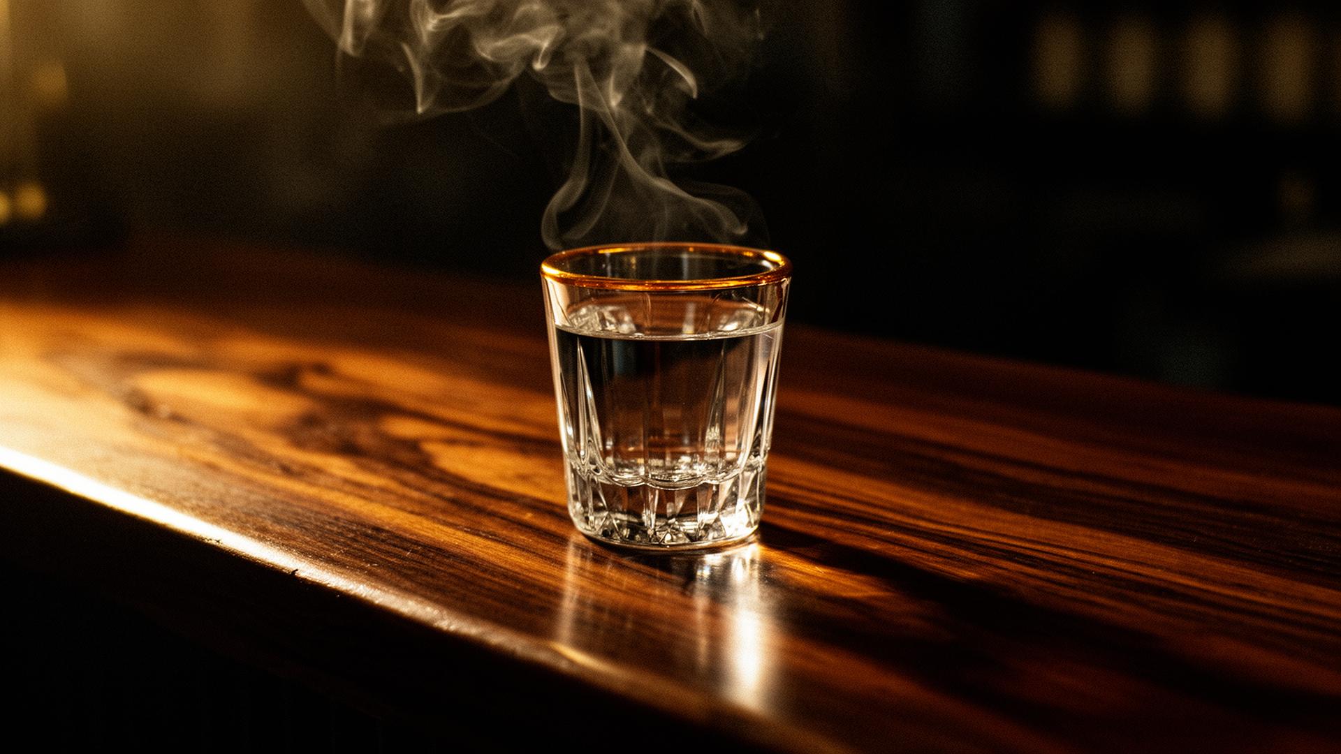 A crystal vodka glass on a dark walnut bar