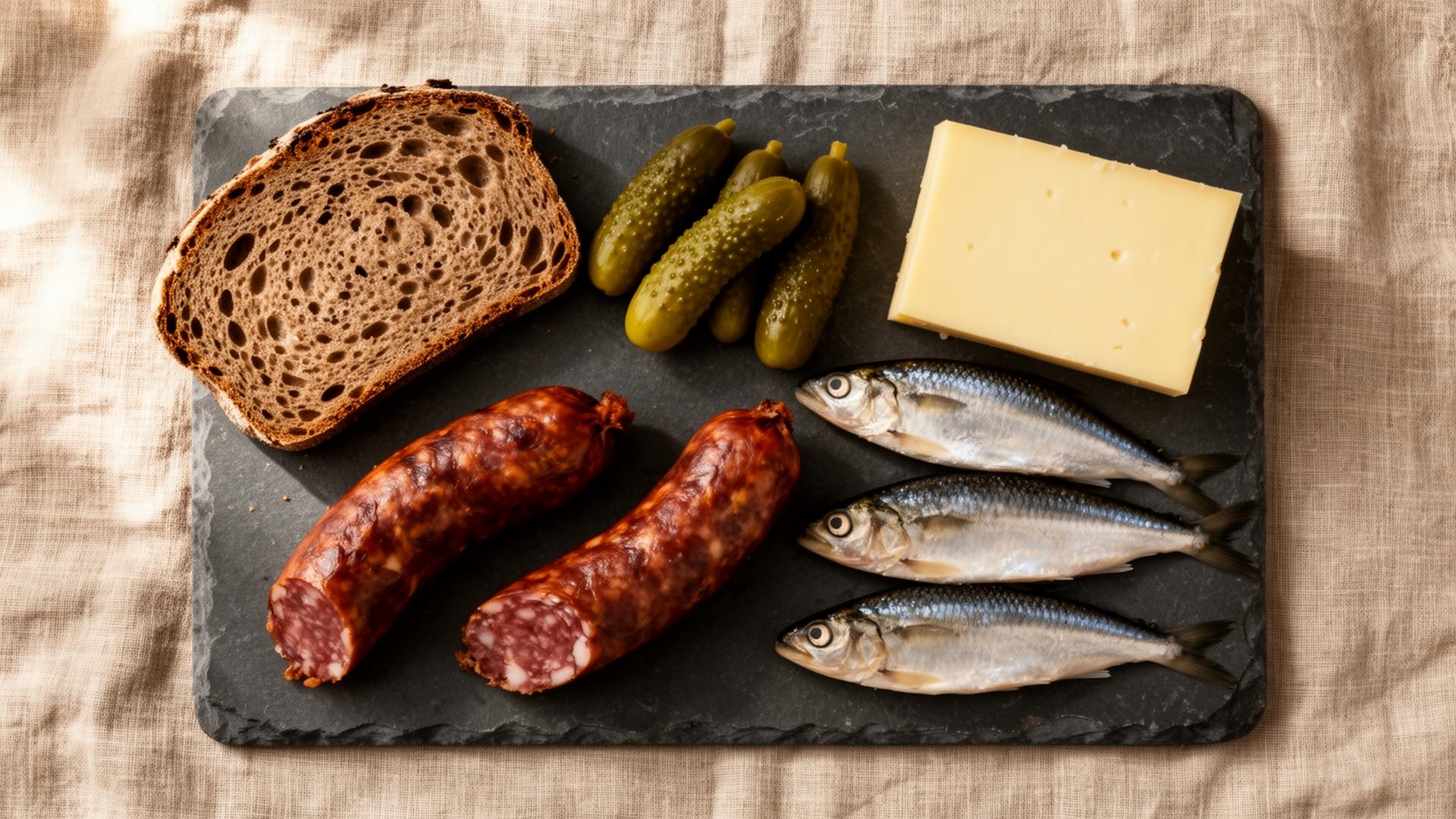 A flat-lay of traditional Polish vodka pairings